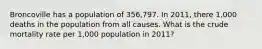 Broncoville has a population of 356,797. In 2011, there 1,000 deaths in the population from all causes. What is the crude mortality rate per 1,000 population in 2011?