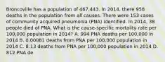 Broncoville has a population of 467,443. In 2014, there 958 deaths in the population from all causes. There were 153 cases of community acquired pneumonia (PNA) identified. In 2014, 38 people died of PNA. What is the cause-specific mortality rate per 100,000 population in 2014? A. 994 PNA deaths per 100,000 in 2014 B. 0.00081 deaths from PNA per 100,000 population in 2014 C. 8.13 deaths from PNA per 100,000 population in 2014 D. 812 PNA de