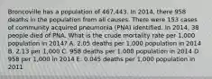 Broncoville has a population of 467,443. In 2014, there 958 deaths in the population from all causes. There were 153 cases of community acquired pneumonia (PNA) identified. In 2014, 38 people died of PNA. What is the crude mortality rate per 1,000 population in 2014? A. 2.05 deaths per 1,000 population in 2014 B. 2.13 per 1,000 C. 958 deaths per 1,000 population in 2014 D. 958 per 1,000 in 2014 E. 0.045 deaths per 1,000 population in 2011