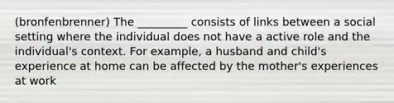 (bronfenbrenner) The _________ consists of links between a social setting where the individual does not have a active role and the individual's context. For example, a husband and child's experience at home can be affected by the mother's experiences at work