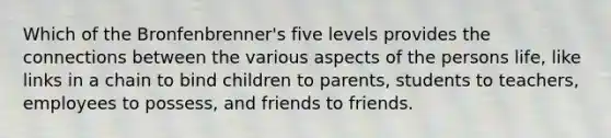 Which of the Bronfenbrenner's five levels provides the connections between the various aspects of the persons life, like links in a chain to bind children to parents, students to teachers, employees to possess, and friends to friends.