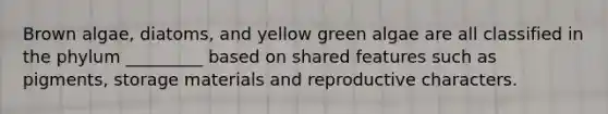 Brown algae, diatoms, and yellow green algae are all classified in the phylum _________ based on shared features such as pigments, storage materials and reproductive characters.