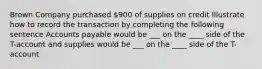 Brown Company purchased 900 of supplies on credit Illustrate how to record the transaction by completing the following sentence Accounts payable would be ___ on the ____ side of the T-account and supplies would be ___ on the ____ side of the T-account