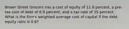 Brown Street Grocers has a cost of equity of 11.8 percent, a pre-tax cost of debt of 6.9 percent, and a tax rate of 35 percent. What is the firm's weighted average cost of capital if the debt-equity ratio is 0.6?