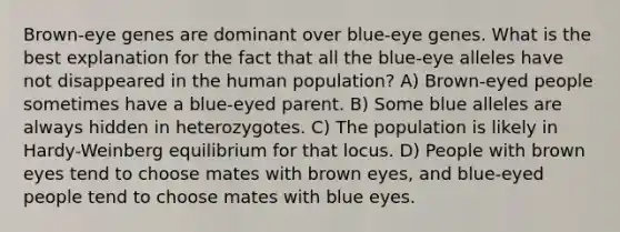 Brown-eye genes are dominant over blue-eye genes. What is the best explanation for the fact that all the blue-eye alleles have not disappeared in the human population? A) Brown-eyed people sometimes have a blue-eyed parent. B) Some blue alleles are always hidden in heterozygotes. C) The population is likely in Hardy-Weinberg equilibrium for that locus. D) People with brown eyes tend to choose mates with brown eyes, and blue-eyed people tend to choose mates with blue eyes.