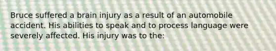 Bruce suffered a brain injury as a result of an automobile accident. His abilities to speak and to process language were severely affected. His injury was to the: