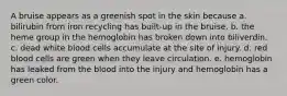 A bruise appears as a greenish spot in the skin because a. bilirubin from iron recycling has built-up in the bruise. b. the heme group in the hemoglobin has broken down into biliverdin. c. dead white blood cells accumulate at the site of injury. d. red blood cells are green when they leave circulation. e. hemoglobin has leaked from the blood into the injury and hemoglobin has a green color.