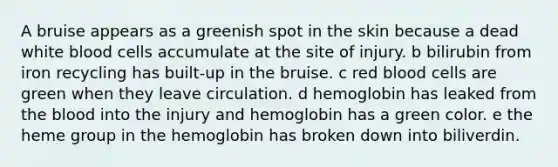 A bruise appears as a greenish spot in the skin because a dead white blood cells accumulate at the site of injury. b bilirubin from iron recycling has built-up in the bruise. c red blood cells are green when they leave circulation. d hemoglobin has leaked from the blood into the injury and hemoglobin has a green color. e the heme group in the hemoglobin has broken down into biliverdin.