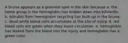 A bruise appears as a greenish spot in the skin because a. the heme group in the hemoglobin has broken down into biliverdin. b. bilirubin from hemoglobin recycling has built-up in the bruise. c. dead white blood cells accumulate at the site of injury. d. red blood cells are green when they leave circulation. e. hemoglobin has leaked from the blood into the injury and hemoglobin has a green color.