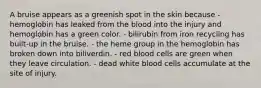 A bruise appears as a greenish spot in the skin because - hemoglobin has leaked from the blood into the injury and hemoglobin has a green color. - bilirubin from iron recycling has built-up in the bruise. - the heme group in the hemoglobin has broken down into biliverdin. - red blood cells are green when they leave circulation. - dead white blood cells accumulate at the site of injury.