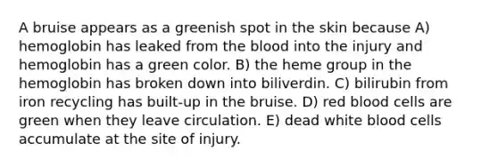 A bruise appears as a greenish spot in the skin because A) hemoglobin has leaked from the blood into the injury and hemoglobin has a green color. B) the heme group in the hemoglobin has broken down into biliverdin. C) bilirubin from iron recycling has built-up in the bruise. D) red blood cells are green when they leave circulation. E) dead white blood cells accumulate at the site of injury.