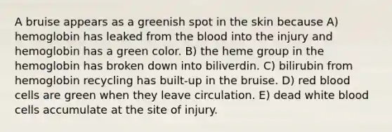 A bruise appears as a greenish spot in the skin because A) hemoglobin has leaked from the blood into the injury and hemoglobin has a green color. B) the heme group in the hemoglobin has broken down into biliverdin. C) bilirubin from hemoglobin recycling has built-up in the bruise. D) red blood cells are green when they leave circulation. E) dead white blood cells accumulate at the site of injury.