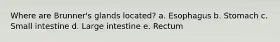 Where are Brunner's glands located? a. Esophagus b. Stomach c. Small intestine d. Large intestine e. Rectum