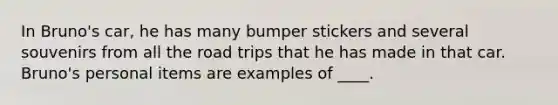 In Bruno's car, he has many bumper stickers and several souvenirs from all the road trips that he has made in that car. Bruno's personal items are examples of ____.