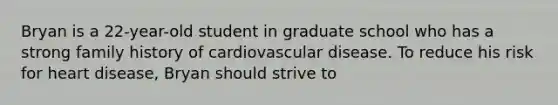 Bryan is a 22-year-old student in graduate school who has a strong family history of cardiovascular disease. To reduce his risk for heart disease, Bryan should strive to