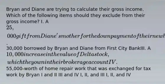 Bryan and Diane are trying to calculate their gross income. Which of the following items should they exclude from their gross income? I. A 25,000 gift from Diane's mother for the down payment of their new houseII.30,000 borrowed by Bryan and Diane from First City BankIII. A 10,000 increase in the value of Delta stock, which they own in their brokerage accountIV.55,000-worth of home repair work that was exchanged for tax work by Bryan I and II III and IV I, II, and III I, II, and IV