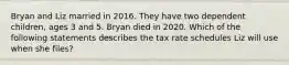 Bryan and Liz married in 2016. They have two dependent children, ages 3 and 5. Bryan died in 2020. Which of the following statements describes the tax rate schedules Liz will use when she files?