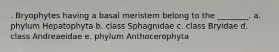 . Bryophytes having a basal meristem belong to the ________. a. phylum Hepatophyta b. class Sphagnidae c. class Bryidae d. class Andreaeidae e. phylum Anthocerophyta