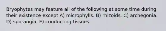 Bryophytes may feature all of the following at some time during their existence except A) microphylls. B) rhizoids. C) archegonia. D) sporangia. E) conducting tissues.