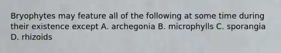 Bryophytes may feature all of the following at some time during their existence except A. archegonia B. microphylls C. sporangia D. rhizoids