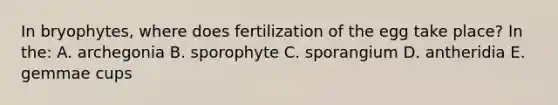 In bryophytes, where does fertilization of the egg take place? In the: A. archegonia B. sporophyte C. sporangium D. antheridia E. gemmae cups