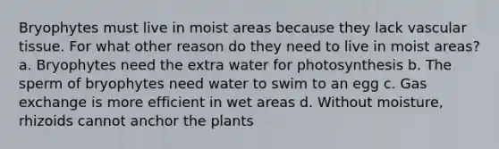 Bryophytes must live in moist areas because they lack <a href='https://www.questionai.com/knowledge/k1HVFq17mo-vascular-tissue' class='anchor-knowledge'>vascular tissue</a>. For what other reason do they need to live in moist areas? a. Bryophytes need the extra water for photosynthesis b. The sperm of bryophytes need water to swim to an egg c. <a href='https://www.questionai.com/knowledge/kU8LNOksTA-gas-exchange' class='anchor-knowledge'>gas exchange</a> is more efficient in wet areas d. Without moisture, rhizoids cannot anchor the plants