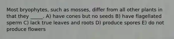 Most bryophytes, such as mosses, differ from all other plants in that they _____. A) have cones but no seeds B) have flagellated sperm C) lack true leaves and roots D) produce spores E) do not produce flowers