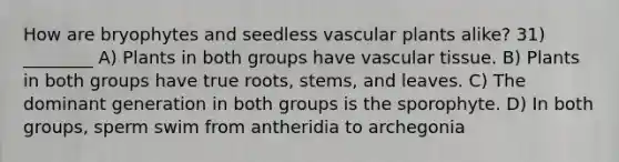 How are bryophytes and <a href='https://www.questionai.com/knowledge/kn8hHZ0F67-seedless-vascular-plants' class='anchor-knowledge'>seedless vascular plants</a> alike? 31) ________ A) Plants in both groups have <a href='https://www.questionai.com/knowledge/k1HVFq17mo-vascular-tissue' class='anchor-knowledge'>vascular tissue</a>. B) Plants in both groups have true roots, stems, and leaves. C) The dominant generation in both groups is the sporophyte. D) In both groups, sperm swim from antheridia to archegonia