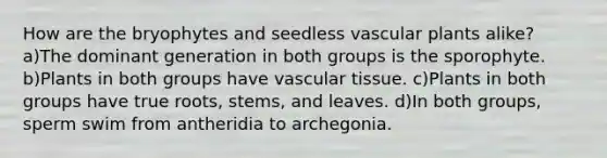 How are the bryophytes and seedless vascular plants alike? a)The dominant generation in both groups is the sporophyte. b)Plants in both groups have vascular tissue. c)Plants in both groups have true roots, stems, and leaves. d)In both groups, sperm swim from antheridia to archegonia.