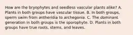 How are the bryophytes and seedless vascular plants alike? A. Plants in both groups have vascular tissue. B. In both groups, sperm swim from antheridia to archegonia. C. The dominant generation in both groups is the sporophyte. D. Plants in both groups have true roots, stems, and leaves.