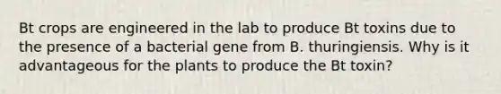 Bt crops are engineered in the lab to produce Bt toxins due to the presence of a bacterial gene from B. thuringiensis. Why is it advantageous for the plants to produce the Bt toxin?