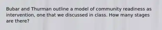 Bubar and Thurman outline a model of community readiness as intervention, one that we discussed in class. How many stages are there?