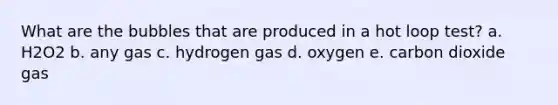 What are the bubbles that are produced in a hot loop test? a. H2O2 b. any gas c. hydrogen gas d. oxygen e. carbon dioxide gas