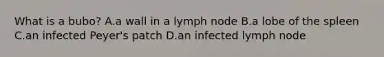 What is a bubo? A.a wall in a lymph node B.a lobe of the spleen C.an infected Peyer's patch D.an infected lymph node