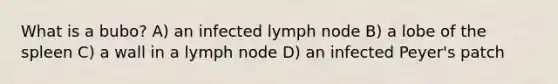 What is a bubo? A) an infected lymph node B) a lobe of the spleen C) a wall in a lymph node D) an infected Peyer's patch