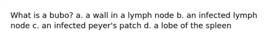 What is a bubo? a. a wall in a lymph node b. an infected lymph node c. an infected peyer's patch d. a lobe of the spleen