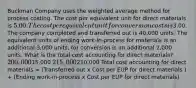 Buckman Company uses the weighted average method for process costing. The cost per equivalent unit for direct materials is 5.00. The cost per equivalent unit for conversion costs is3.00. The company completed and transferred out is 40,000 units. The equivalent units of ending work-in-process for materials is an additional 3,000 units, for conversion is an additional 2,000 units. What is the total cost accounting for direct materials? 200,00015,000 215,000210,000 Total cost accounting for direct materials = (Transferred out x Cost per EUP for direct materials ) + (Ending work-in-process x Cost per EUP for direct materials)