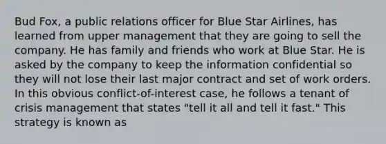 Bud Fox, a public relations officer for Blue Star Airlines, has learned from upper management that they are going to sell the company. He has family and friends who work at Blue Star. He is asked by the company to keep the information confidential so they will not lose their last major contract and set of work orders. In this obvious conflict-of-interest case, he follows a tenant of crisis management that states "tell it all and tell it fast." This strategy is known as