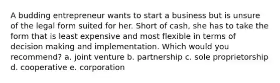 A budding entrepreneur wants to start a business but is unsure of the legal form suited for her. Short of cash, she has to take the form that is least expensive and most flexible in terms of decision making and implementation. Which would you recommend? a. joint venture b. partnership c. sole proprietorship d. cooperative e. corporation