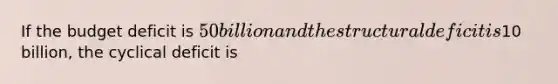 If the budget deficit is​ 50 billion and the structural deficit is​10 billion, the cyclical deficit is