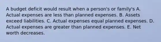 A budget deficit would result when a person's or family's A. Actual expenses are less than planned expenses. B. Assets exceed liabilities. C. Actual expenses equal planned expenses. D. Actual expenses are greater than planned expenses. E. Net worth decreases.