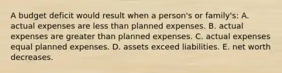 A budget deficit would result when a person's or family's: A. actual expenses are less than planned expenses. B. actual expenses are greater than planned expenses. C. actual expenses equal planned expenses. D. assets exceed liabilities. E. net worth decreases.