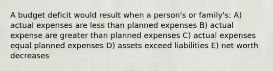 A budget deficit would result when a person's or family's: A) actual expenses are <a href='https://www.questionai.com/knowledge/k7BtlYpAMX-less-than' class='anchor-knowledge'>less than</a> planned expenses B) actual expense are <a href='https://www.questionai.com/knowledge/ktgHnBD4o3-greater-than' class='anchor-knowledge'>greater than</a> planned expenses C) actual expenses equal planned expenses D) assets exceed liabilities E) net worth decreases