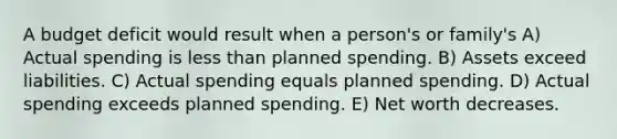 A budget deficit would result when a person's or family's A) Actual spending is less than planned spending. B) Assets exceed liabilities. C) Actual spending equals planned spending. D) Actual spending exceeds planned spending. E) Net worth decreases.