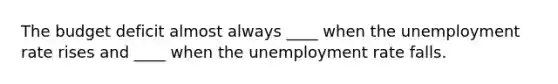 The budget deficit almost always ____ when the unemployment rate rises and ____ when the unemployment rate falls.