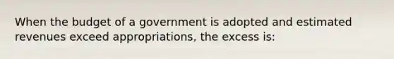 When the budget of a government is adopted and estimated revenues exceed appropriations, the excess is: