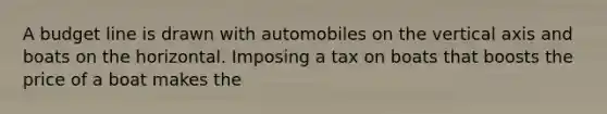 A budget line is drawn with automobiles on the vertical axis and boats on the horizontal. Imposing a tax on boats that boosts the price of a boat makes the