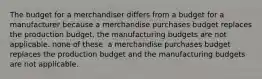 The budget for a merchandiser differs from a budget for a manufacturer because a merchandise purchases budget replaces the production budget. the manufacturing budgets are not applicable. none of these. a merchandise purchases budget replaces the production budget and the manufacturing budgets are not applicable.