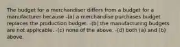 The budget for a merchandiser differs from a budget for a manufacturer because -(a) a merchandise purchases budget replaces the production budget. -(b) the manufacturing budgets are not applicable. -(c) none of the above. -(d) both (a) and (b) above.