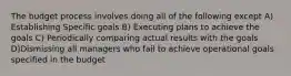 The budget process involves doing all of the following except A) Establishing Specific goals B) Executing plans to achieve the goals C) Periodically comparing actual results with the goals D)Dismissing all managers who fail to achieve operational goals specified in the budget